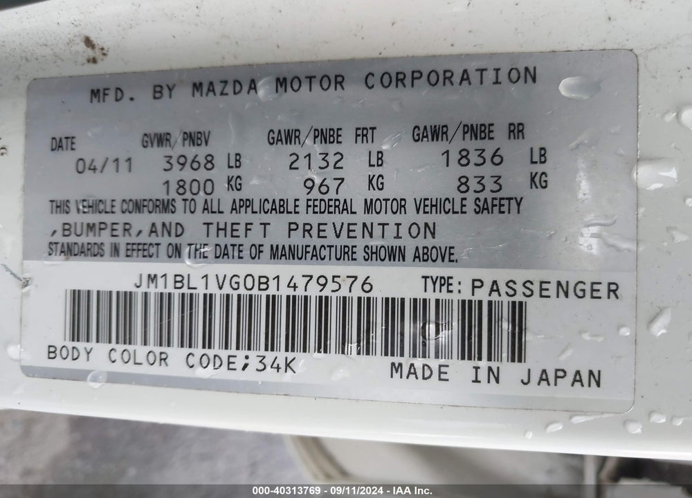 2011 MAZDA 3 I TOURING VIN: JM1BL1VG0B1479576
