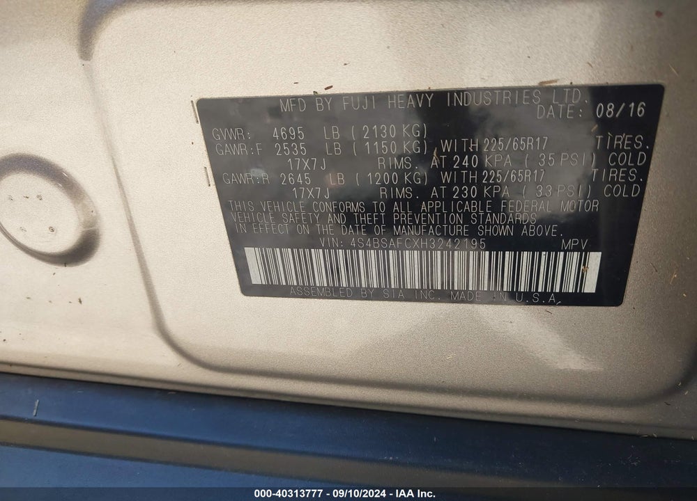 2017 SUBARU OUTBACK 2.5I PREMIUM VIN: 4S4BSAFCXH3242195