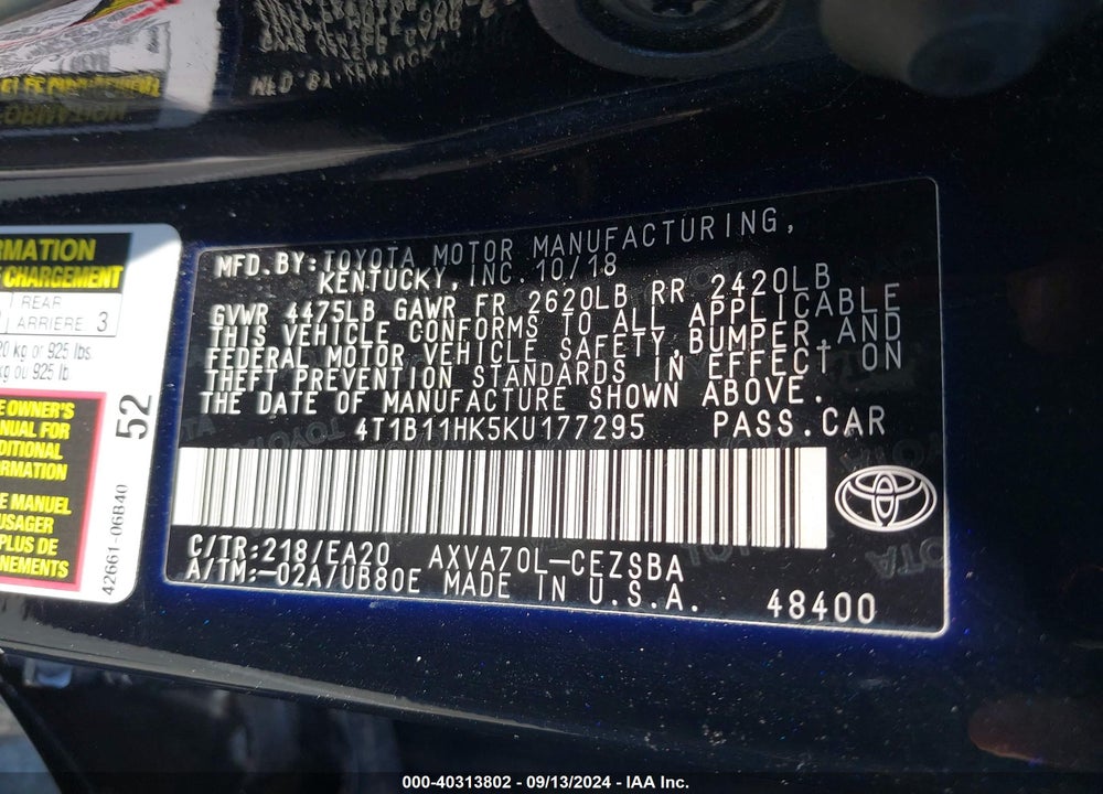 2019 TOYOTA CAMRY SE VIN: 4T1B11HK5KU177295