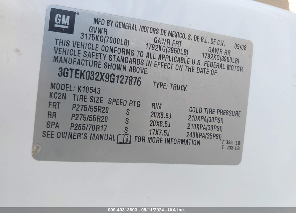 2009 GMC SIERRA 1500 DENALI VIN: 3GTEK032X9G127876