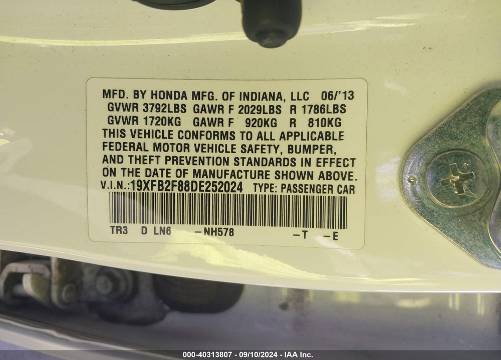 2013 HONDA CIVIC EX VIN: 19XFB2F88DE252024