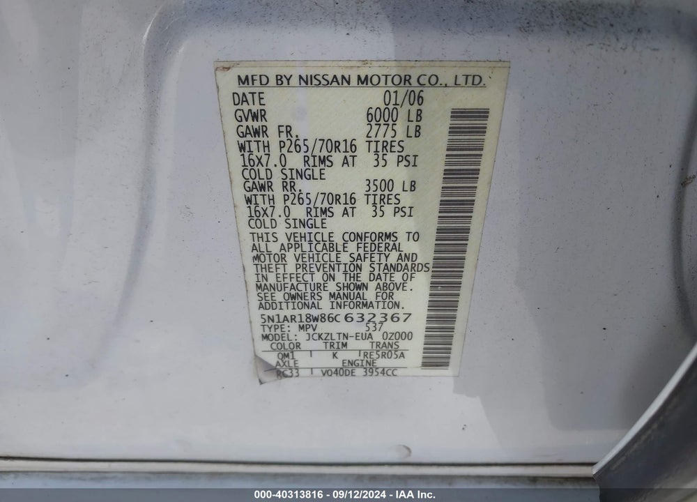 2006 NISSAN PATHFINDER SE VIN: 5N1AR18W86C632367
