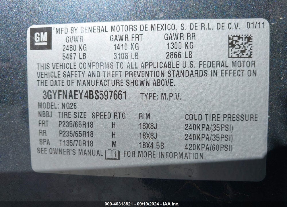 2011 CADILLAC SRX LUXURY COLLECTION VIN: 3GYFNAEY4BS597661
