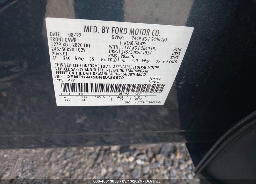2022 FORD EDGE TITANIUM VIN: 2FMPK4K90NBA86570