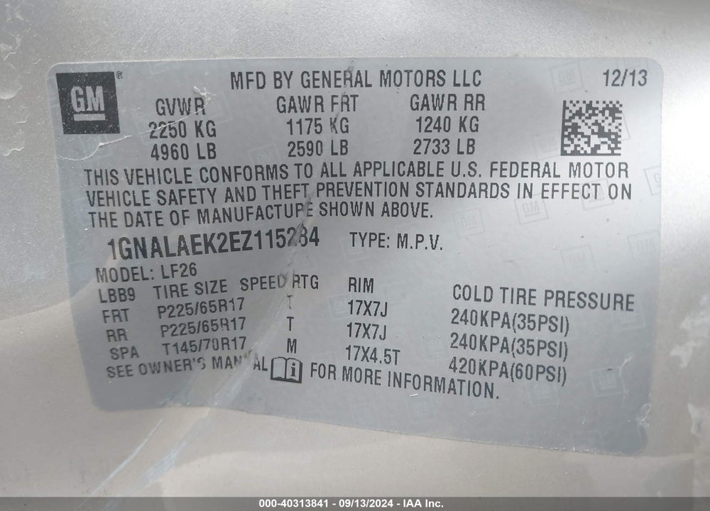 2014 CHEVROLET EQUINOX LS VIN: 1GNALAEK2EZ115284