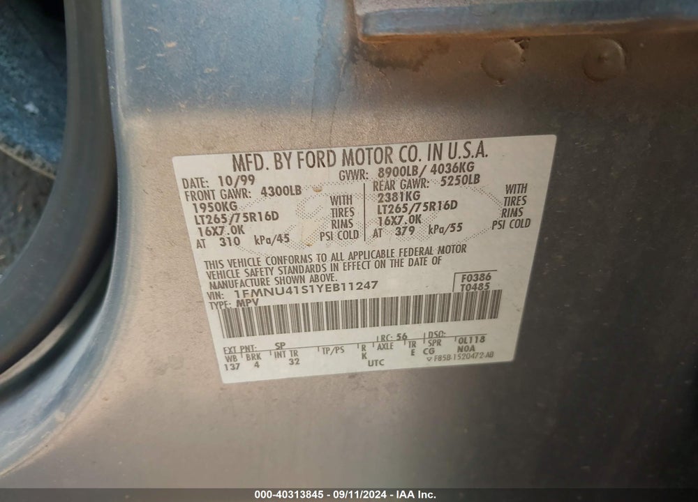 2000 FORD EXCURSION XLT VIN: 1FMNU41S1YEB11247