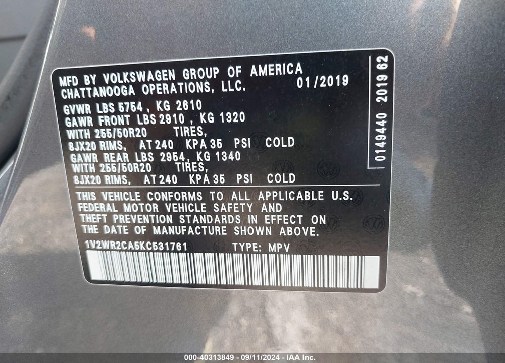 2019 VOLKSWAGEN ATLAS 3.6L V6 SE W/TECHNOLOGY VIN: 1V2WR2CA5KC531761