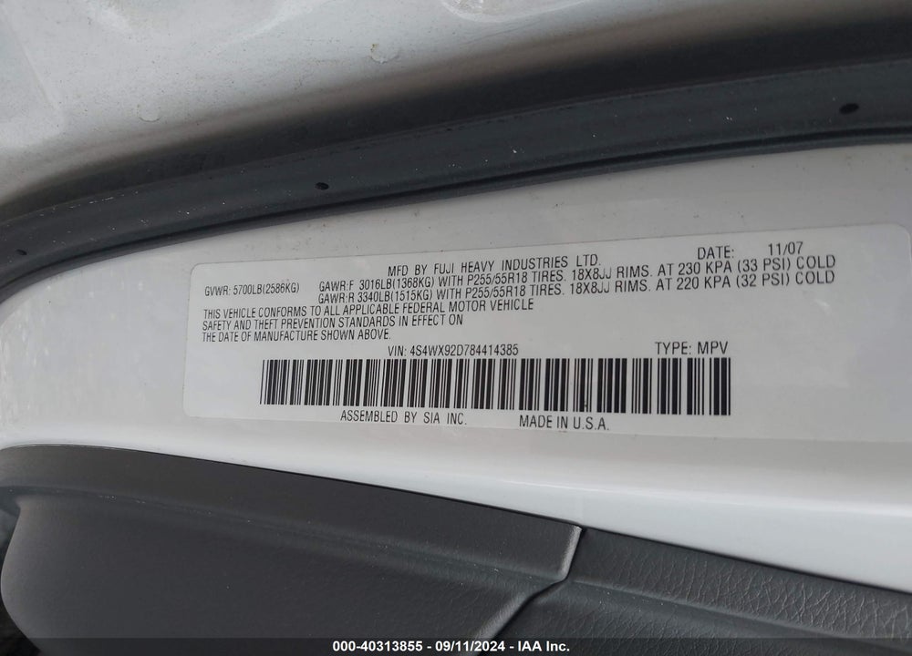 2008 SUBARU TRIBECA LIMITED 5-PASSENGER VIN: 4S4WX92D784414385