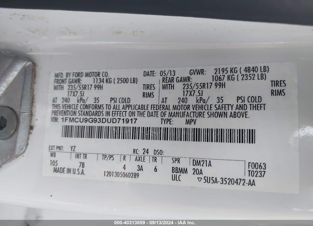 2013 FORD ESCAPE SE VIN: 1FMCU9G93DUD71917