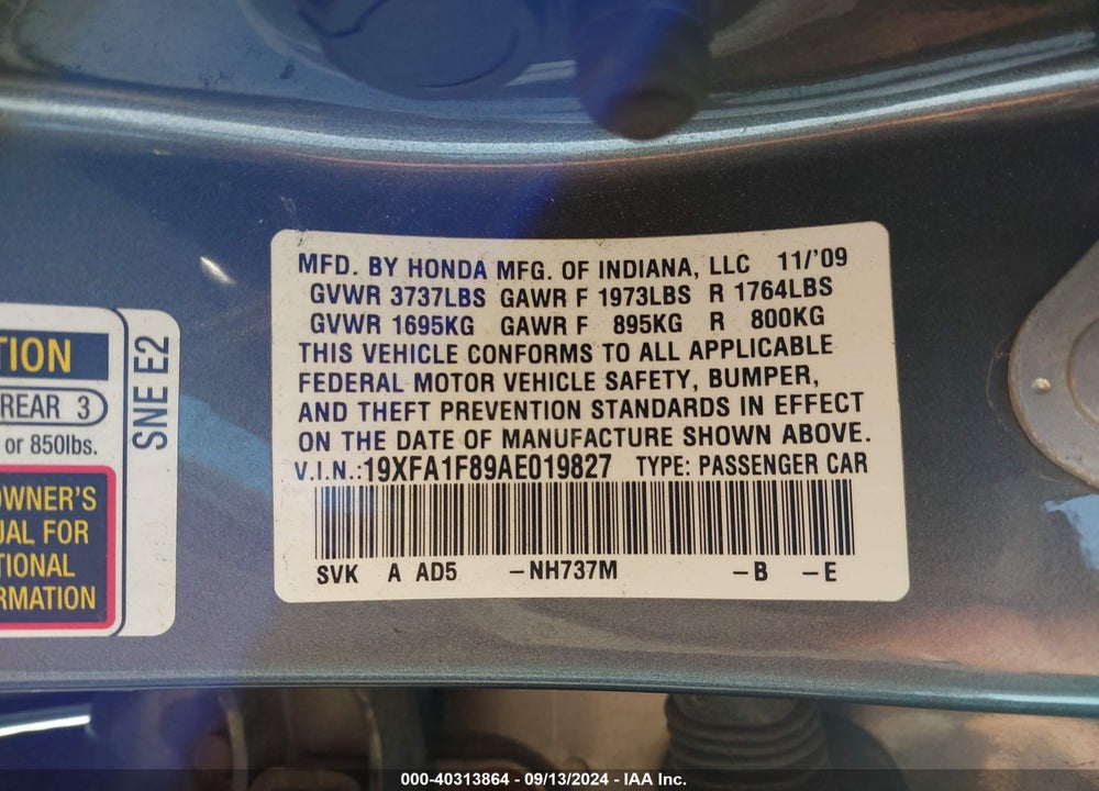 2010 HONDA CIVIC SDN EX VIN: 19XFA1F89AE019827
