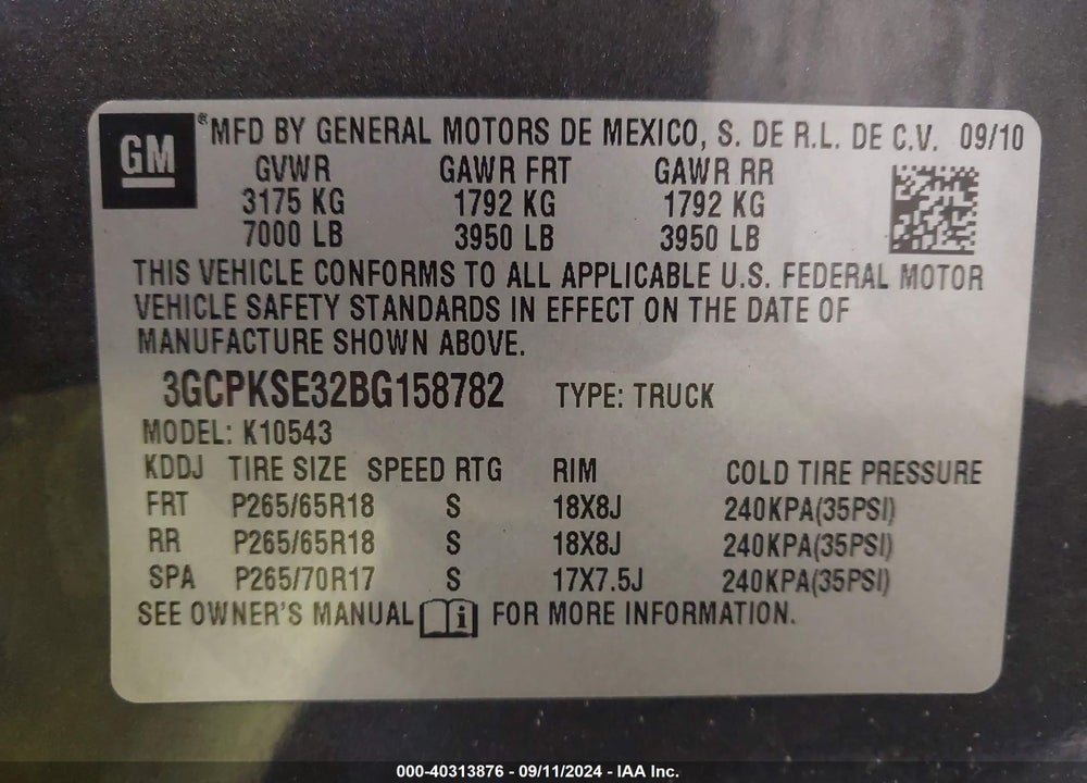 2011 CHEVROLET SILVERADO 1500 LT VIN: 3GCPKSE32BG158782