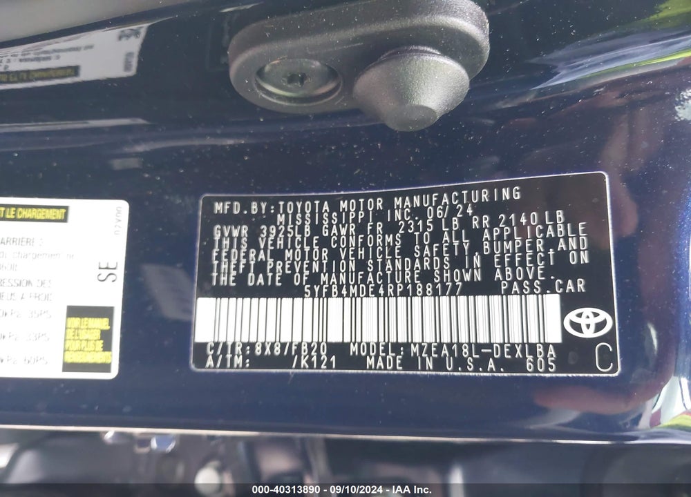 2024 TOYOTA COROLLA LE VIN: 5YFB4MDE4RP188177
