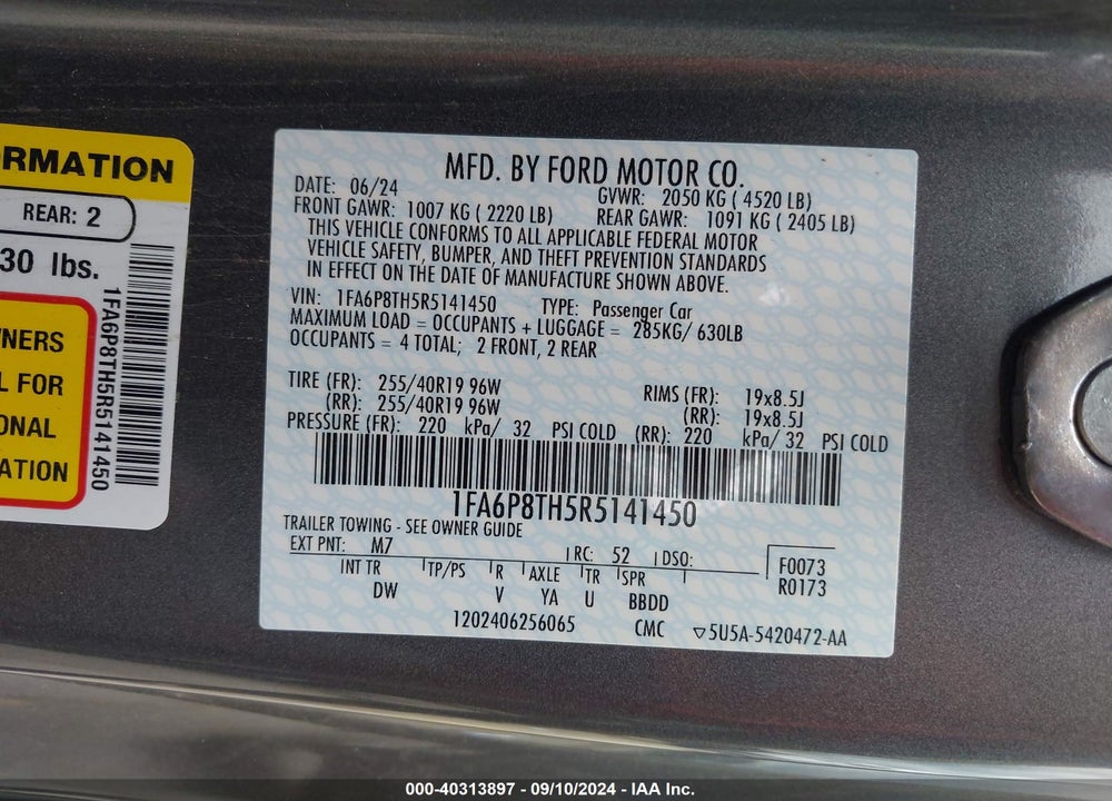 2024 FORD MUSTANG ECOBOOST FASTBACK VIN: 1FA6P8TH5R5141450