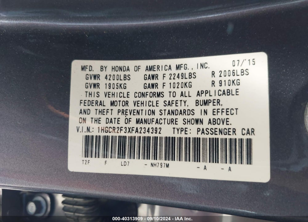 2015 HONDA ACCORD LX VIN: 1HGCR2F3XFA234392