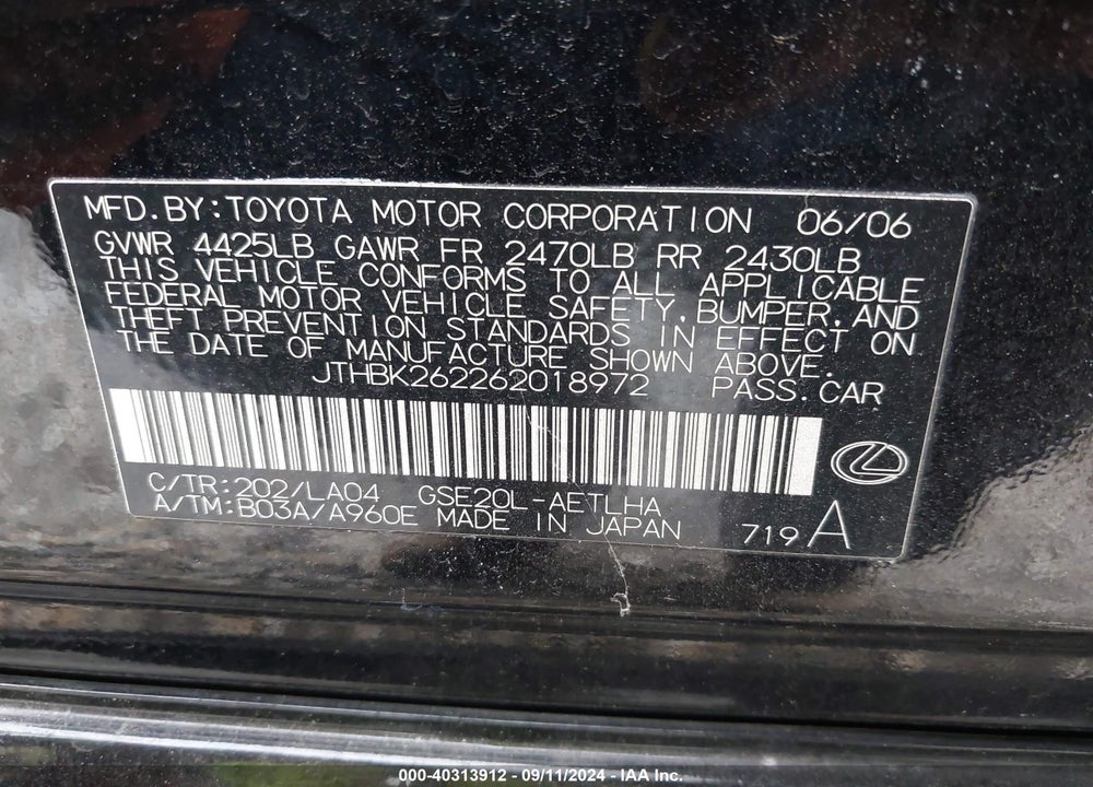 2006 LEXUS IS 250 VIN: JTHBK262262018972