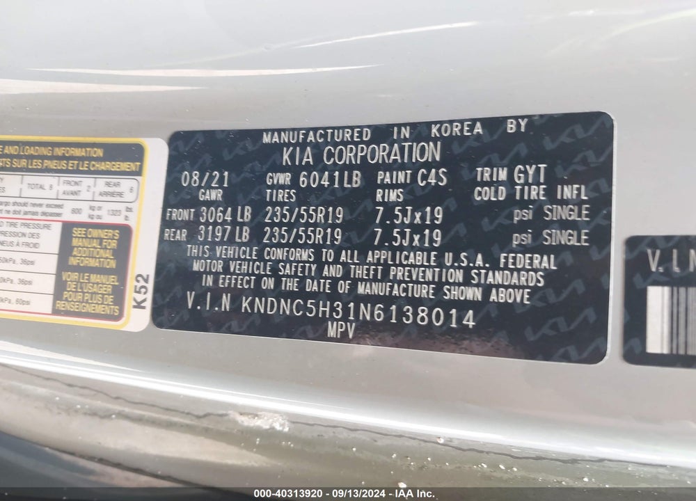 2022 KIA CARNIVAL MPV EX VIN: KNDNC5H31N6138014