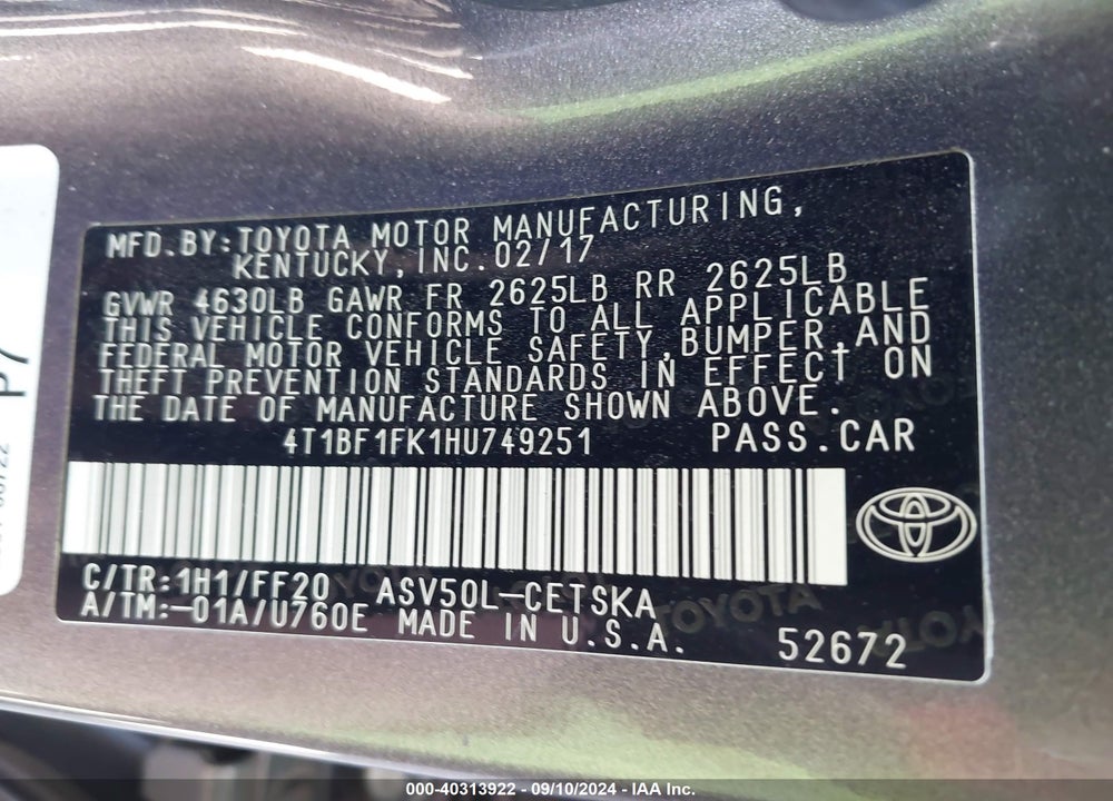2017 TOYOTA CAMRY SE VIN: 4T1BF1FK1HU749251