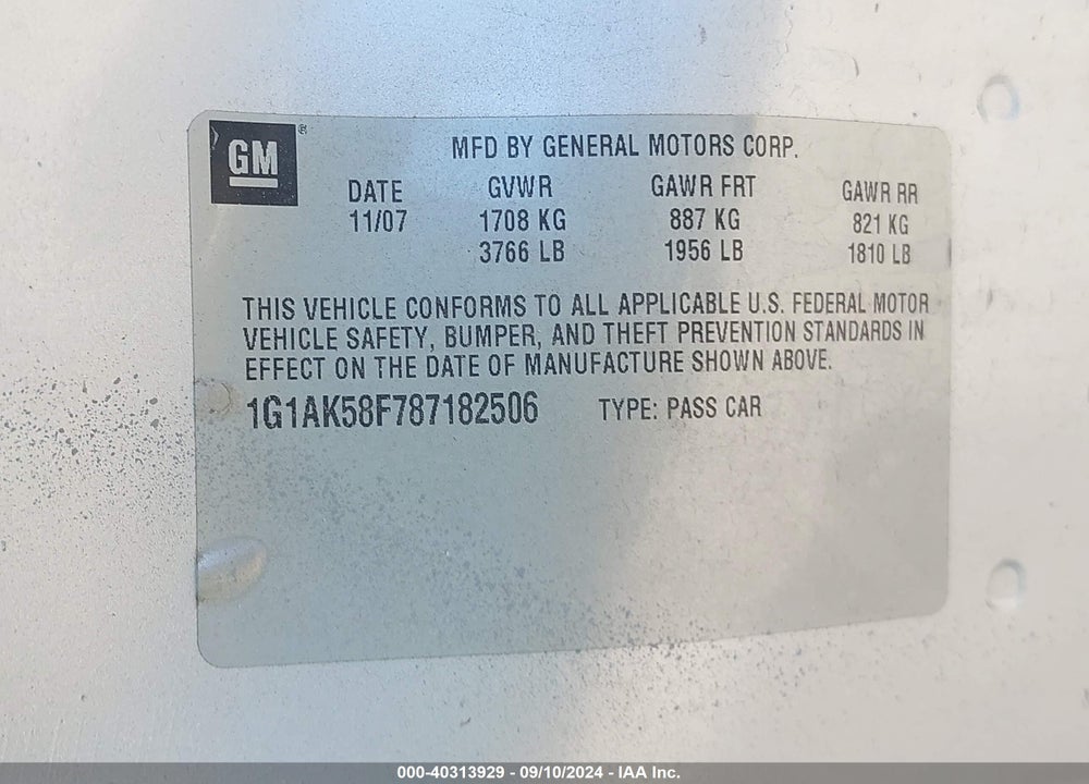 2008 CHEVROLET COBALT LS VIN: 1G1AK58F787182506