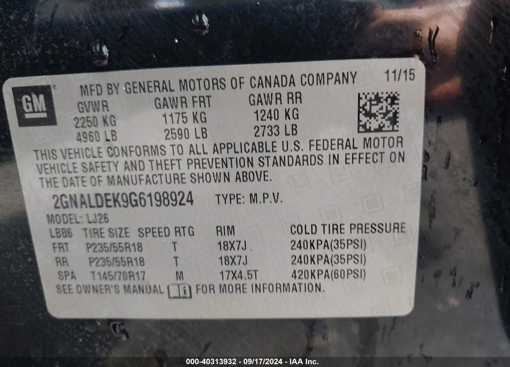 2016 CHEVROLET EQUINOX LTZ VIN: 2GNALDEK9G6198924