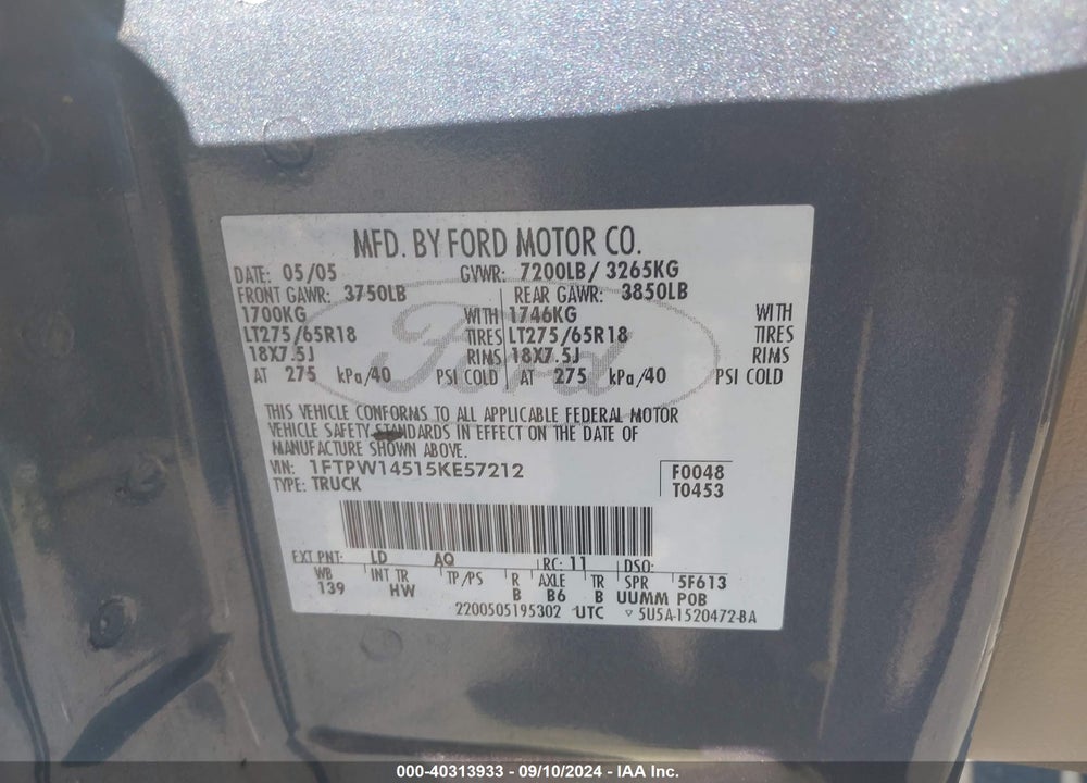 2005 FORD F-150 FX4/LARIAT/XLT VIN: 1FTPW14515KE57212