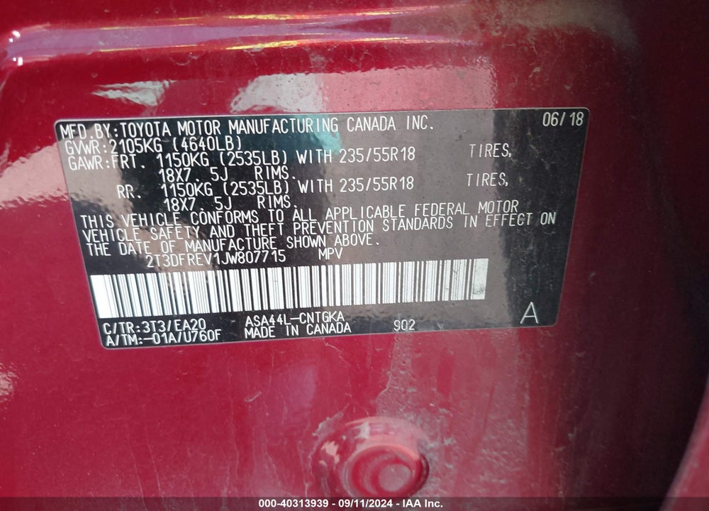 2018 TOYOTA RAV4 LIMITED VIN: 2T3DFREV1JW807715