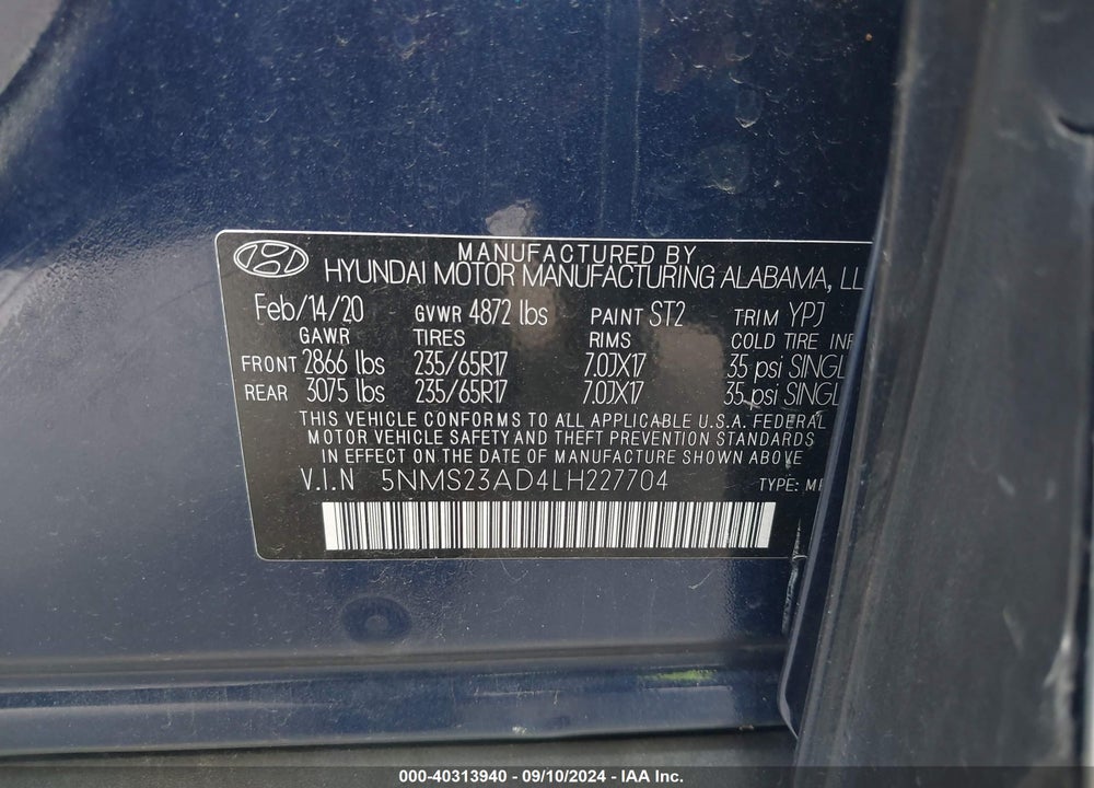 2020 HYUNDAI SANTA FE SE VIN: 5NMS23AD4LH227704