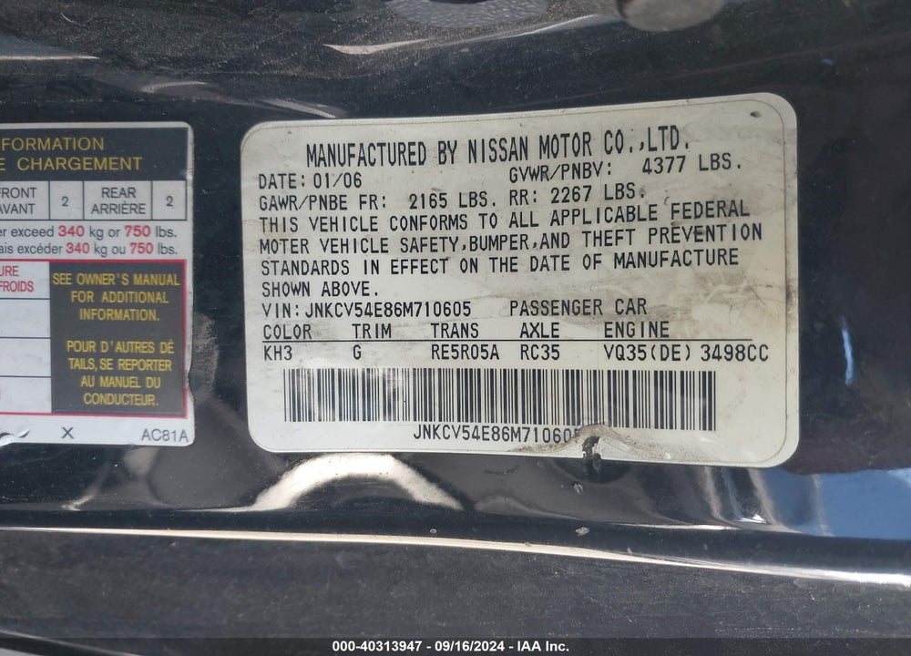 2006 INFINITI G35 VIN: JNKCV54E86M710605