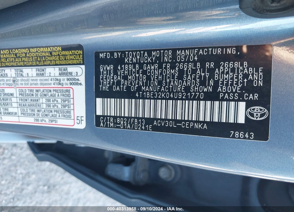 2004 TOYOTA CAMRY LE VIN: 4T1BE32K04U921770