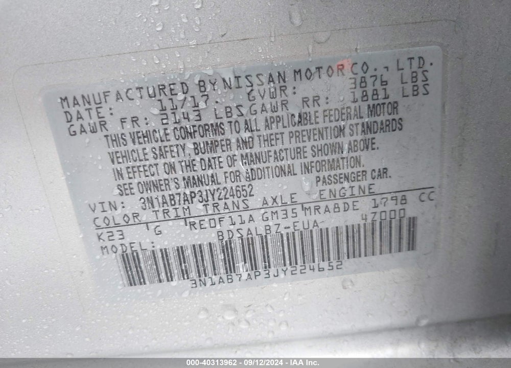 2018 NISSAN SENTRA S VIN: 3N1AB7AP3JY224652