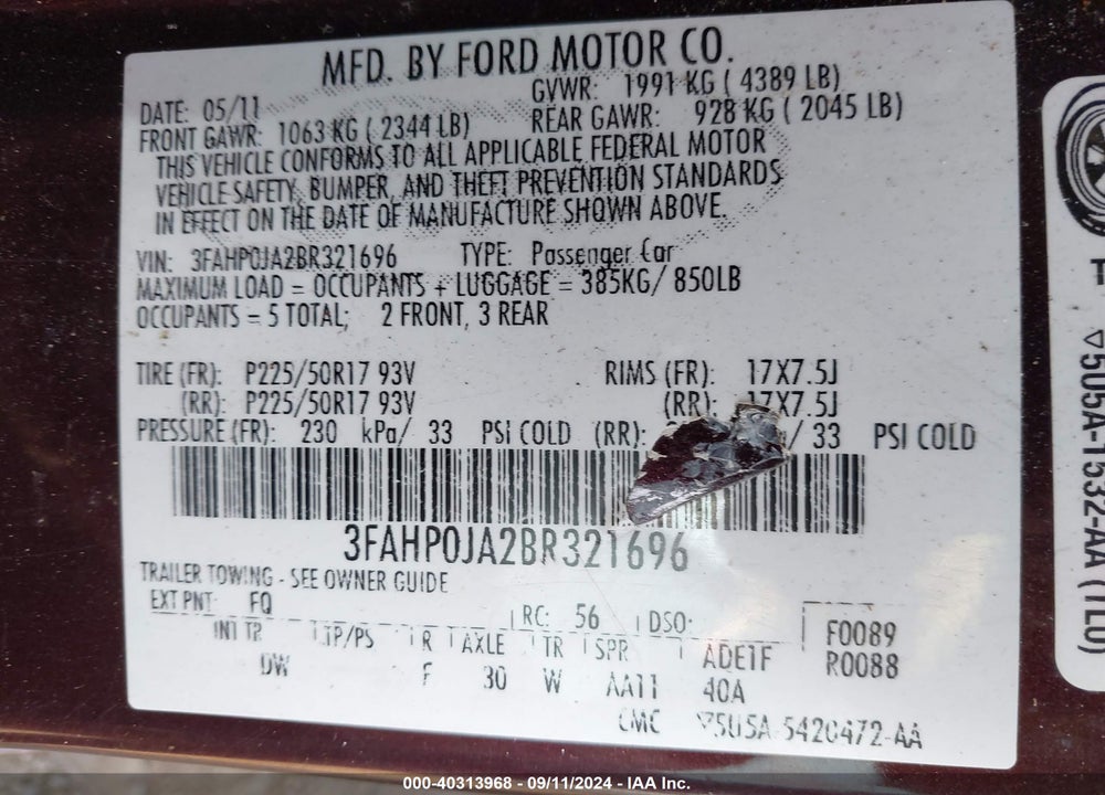 2011 FORD FUSION SEL VIN: 3FAHP0JA2BR321696