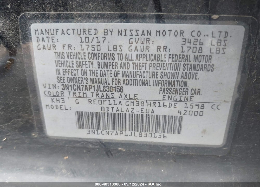 2018 NISSAN VERSA 1.6 S+ VIN: 3N1CN7AP1JL830156