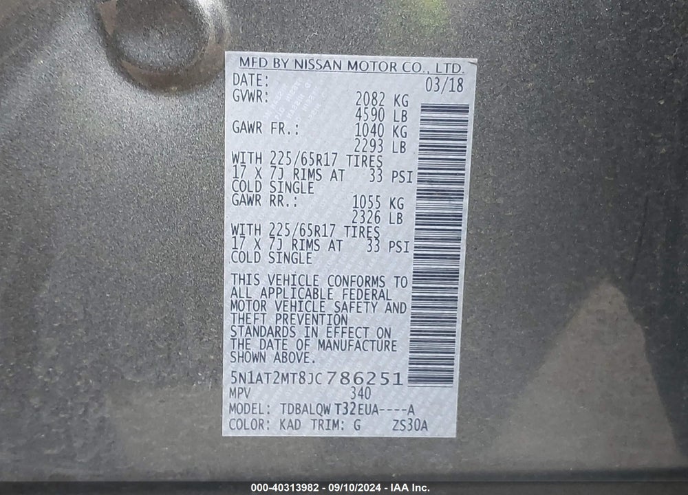 2018 NISSAN ROGUE SV VIN: 5N1AT2MT8JC786251