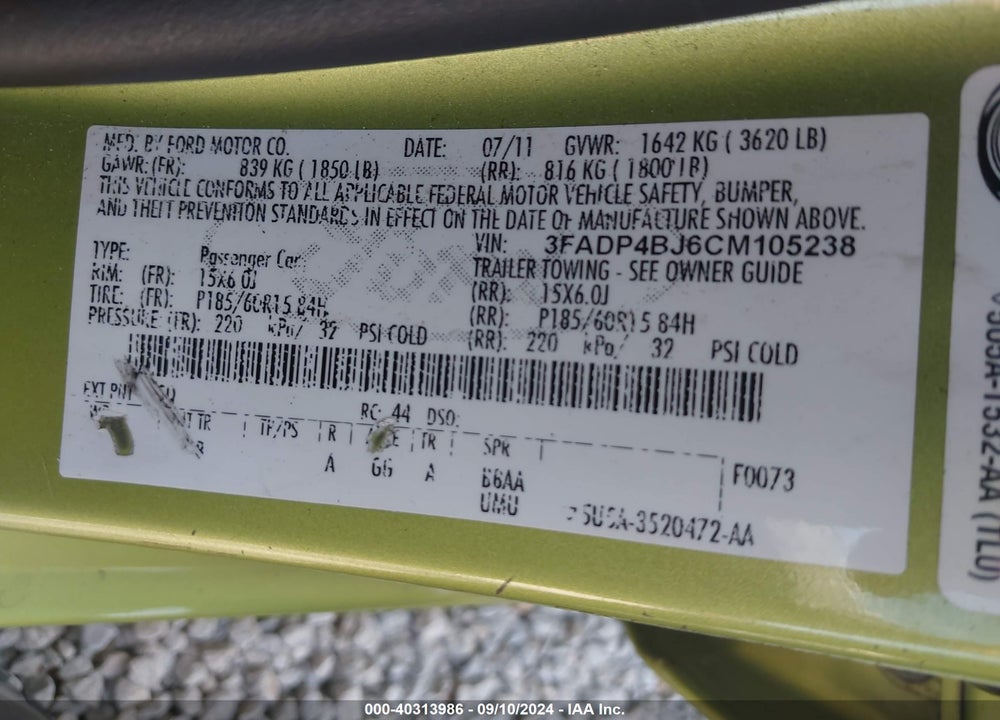 2012 FORD FIESTA SE VIN: 3FADP4BJ6CM105238