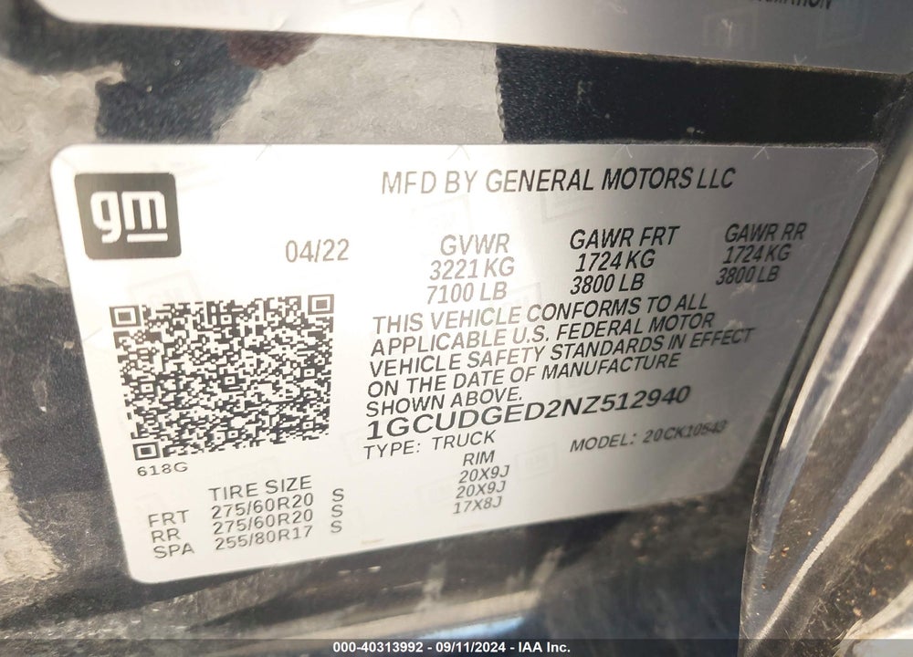 2022 CHEVROLET SILVERADO 1500 4WD SHORT BED LTZ VIN: 1GCUDGED2NZ512940