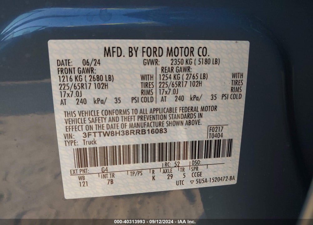 2024 FORD MAVERICK XLT VIN: 3FTTW8H38RRB16083