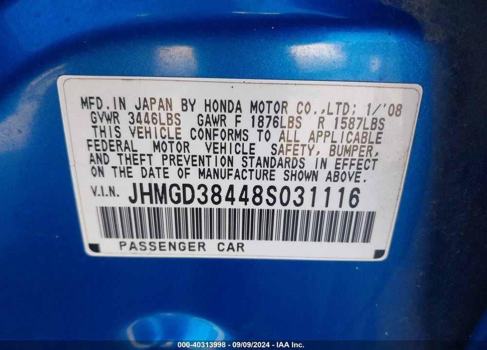 2008 HONDA FIT VIN: JHMGD38448S031116