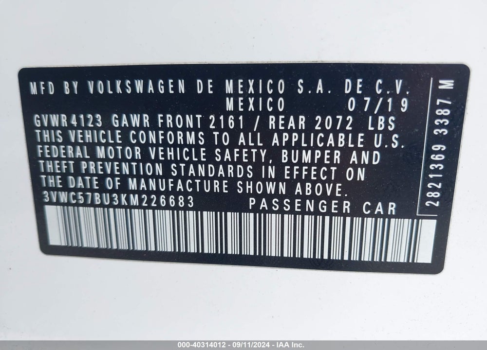 2019 VOLKSWAGEN JETTA 1.4T R-LINE/1.4T S/1.4T SE VIN: 3VWC57BU3KM226683
