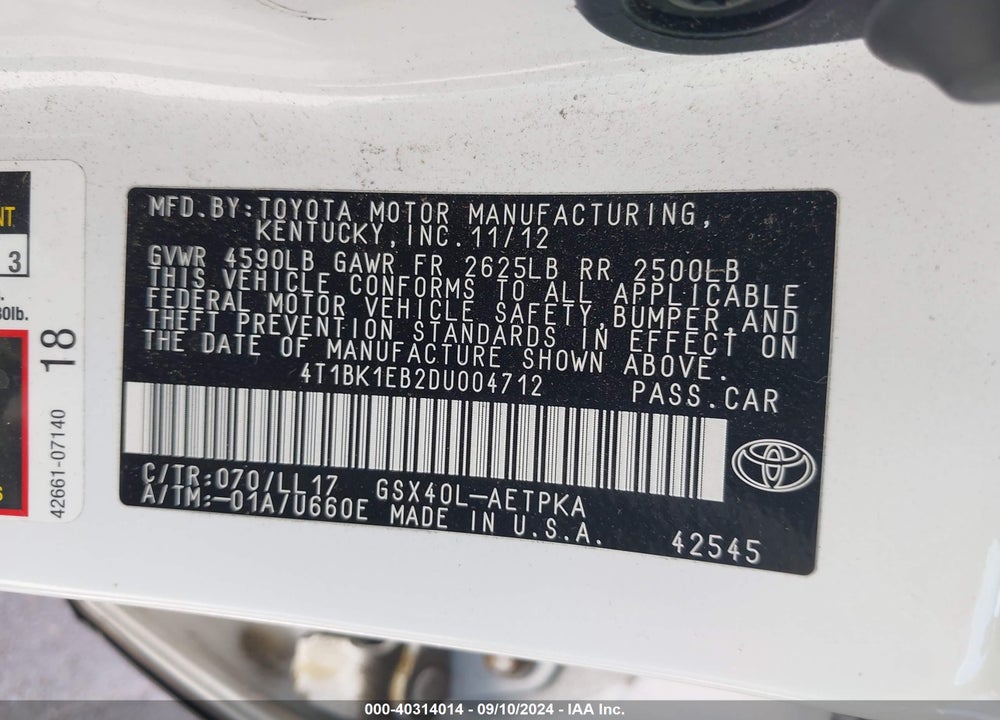 2013 TOYOTA AVALON VIN: 4T1BK1EB2DU004712