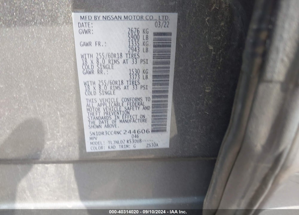 2022 NISSAN PATHFINDER SL 4WD VIN: 5N1DR3CC4NC244606