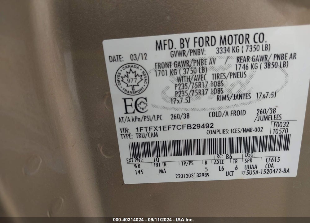 2012 FORD F-150 VIN: 1FTFX1EF7CFB29492