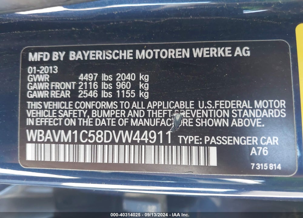 2013 BMW X1 SDRIVE28I VIN: WBAVM1C58DVW44911