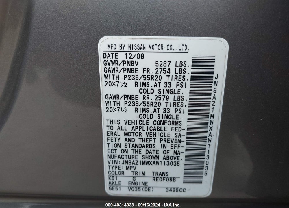 2010 NISSAN MURANO LE VIN: JN8AZ1MWXAW113035