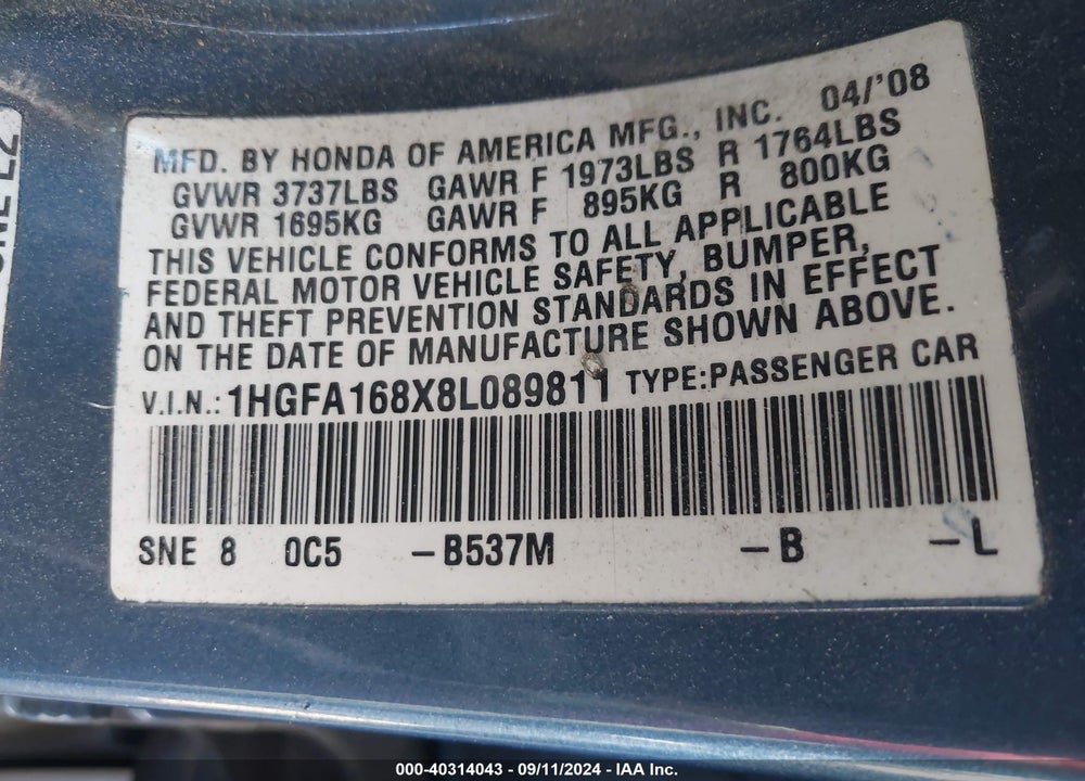 2008 HONDA CIVIC EX VIN: 1HGFA168X8L089811
