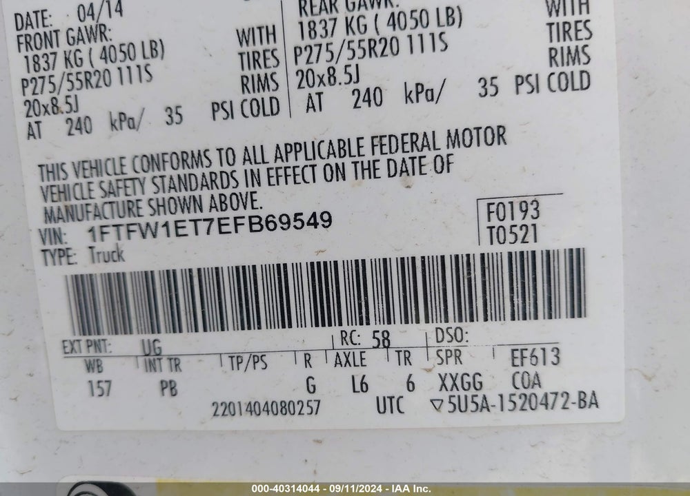 2014 FORD F-150 PLATINUM VIN: 1FTFW1ET7EFB69549