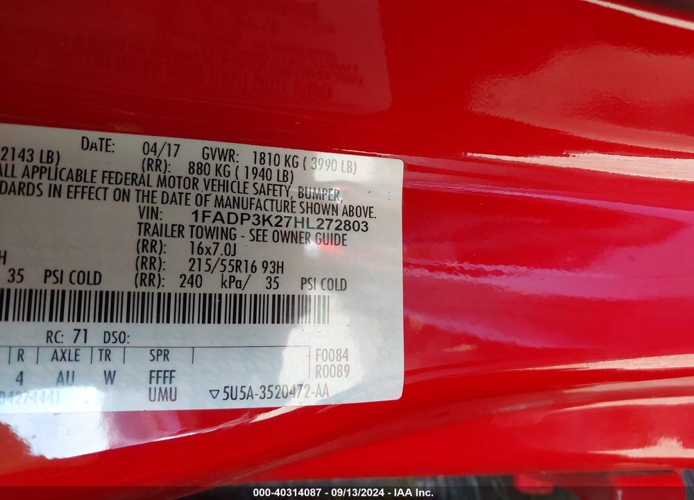 2017 FORD FOCUS SE VIN: 1FADP3K27HL272803