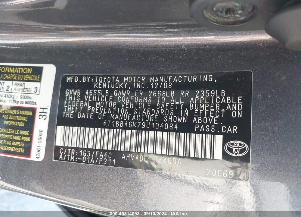 2009 TOYOTA CAMRY HYBRID VIN: 4T1BB46K79U104084