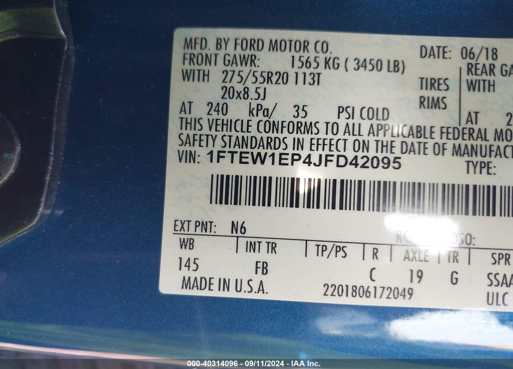 2018 FORD F-150 XLT VIN: 1FTEW1EP4JFD42095
