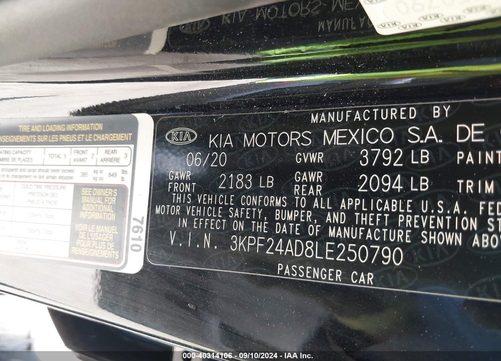 2020 KIA FORTE LXS VIN: 3KPF24AD8LE250790