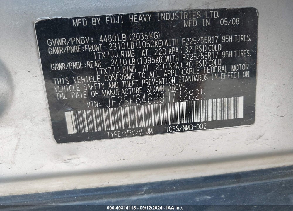 2009 SUBARU FORESTER 2.5X LIMITED VIN: JF2SH64699H732825