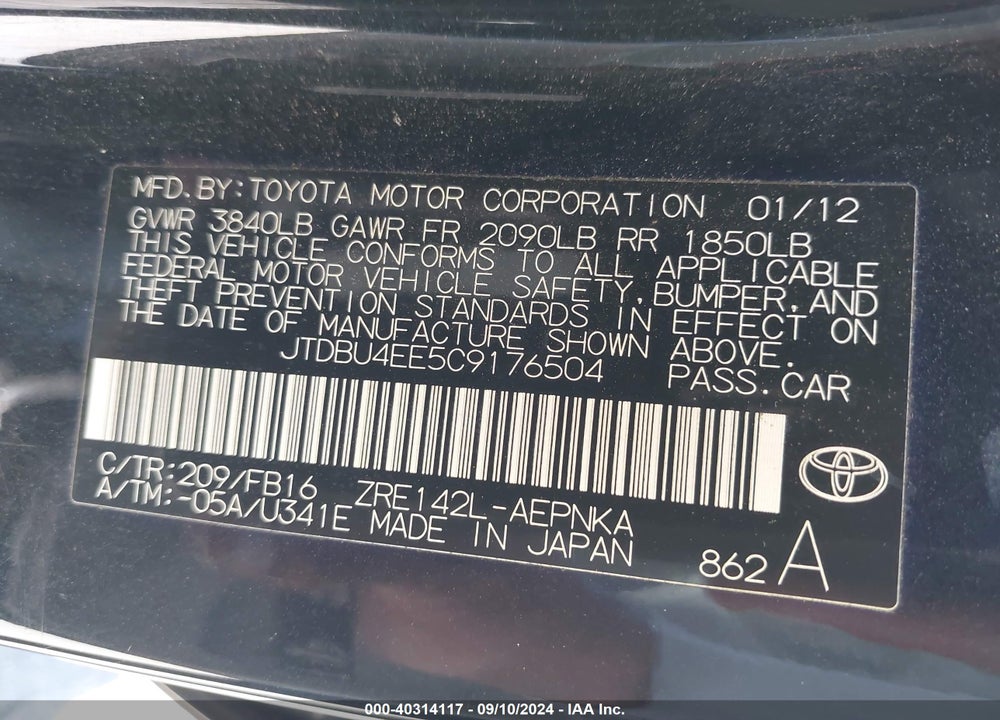 2012 TOYOTA COROLLA LE VIN: JTDBU4EE5C9176504